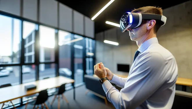 Real estate agent using VR glasses for CRM automation in a modern Melbourne office