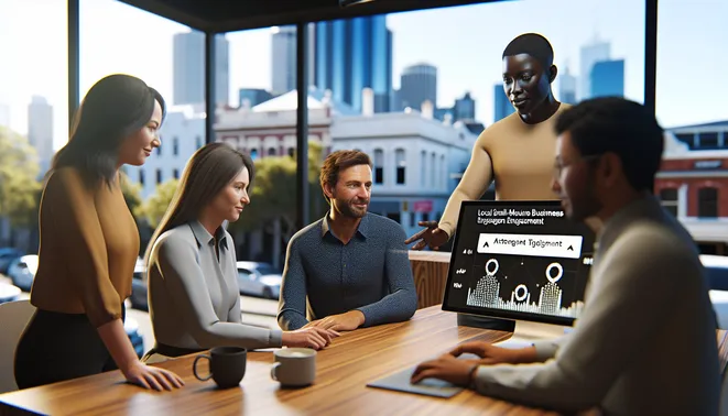 Diverse real estate team in Melbourne using AI tools for customer engagement in modern office.