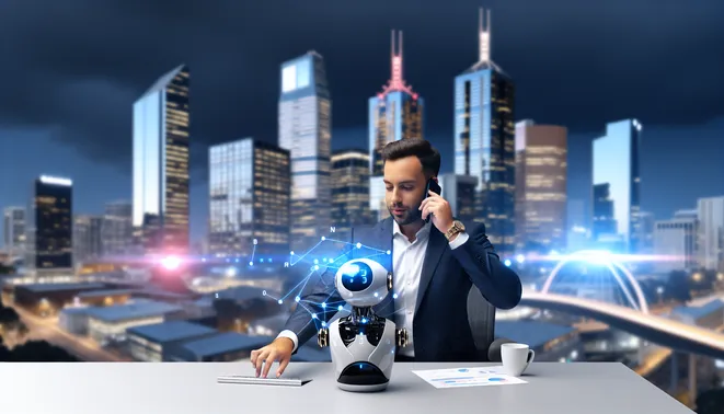 Real estate agent using AI communication device in modern Melbourne office with digital displays