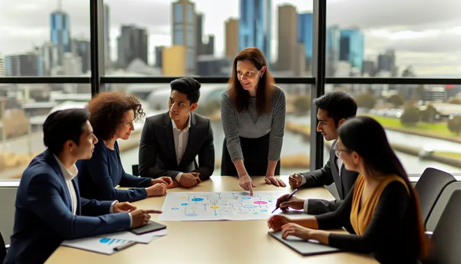 Australian business team collaborating on CRM automation with Melbourne skyline view.