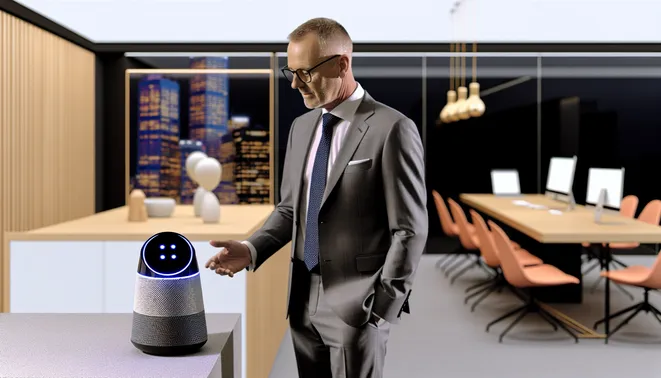 Melbourne realtor engaging clients with AI voice assistant in a sleek, modern office
