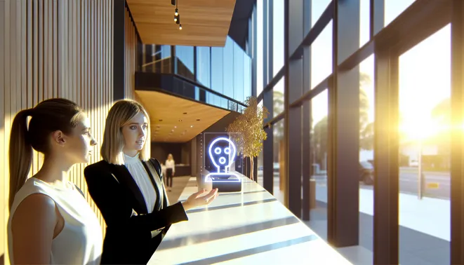 Attentive receptionist interacting with AI interface in a modern Melbourne real estate office.