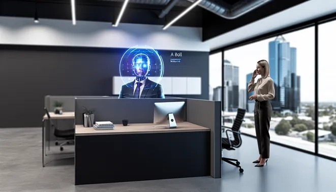 Real estate agent interacting with AI assistant in a modern Melbourne office space.