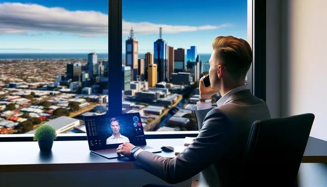 Real estate agent on video call using AI software in modern Melbourne office with city view.