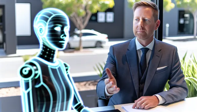 Real estate agent interacting with holographic AI in a modern Melbourne office setting.