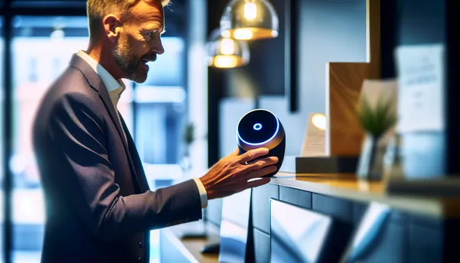 Melbourne realtor engaging clients with AI voice assistant in a modern office setting