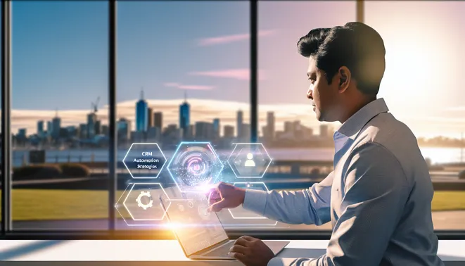 Real estate agent utilizing AI technology in a bright Melbourne office with city skyline view