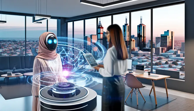 Real estate agent using advanced AI assistant in a modern Melbourne office with skyline view