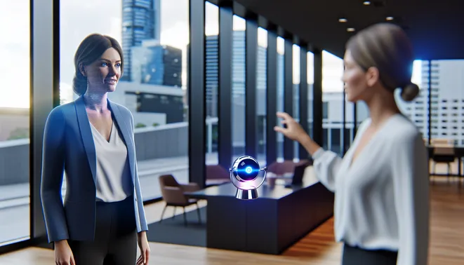 Melbourne realtor engaging with AI voice assistant in a modern office environment.