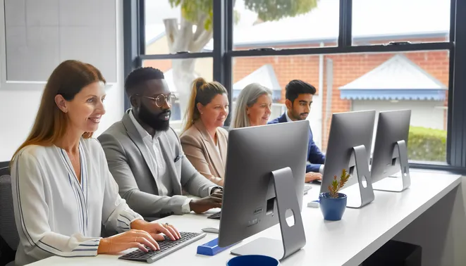 Diverse real estate team using CRM automation tools in a modern Melbourne office.