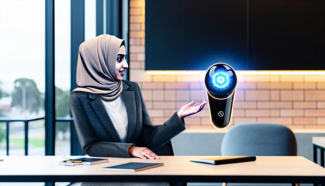 Real estate agent interacting with AI voice assistant in modern Melbourne office