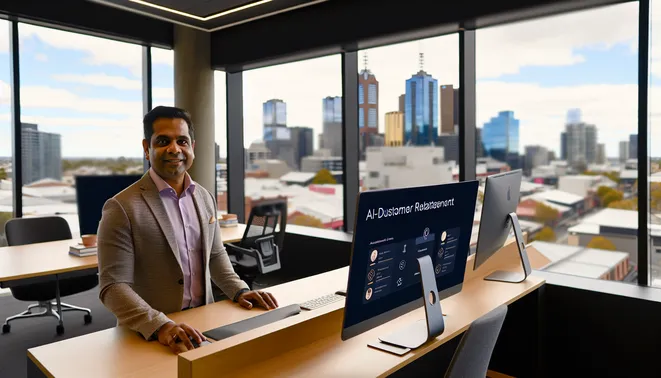 Real estate agent using AI-driven CRM tools in modern Melbourne office with city views