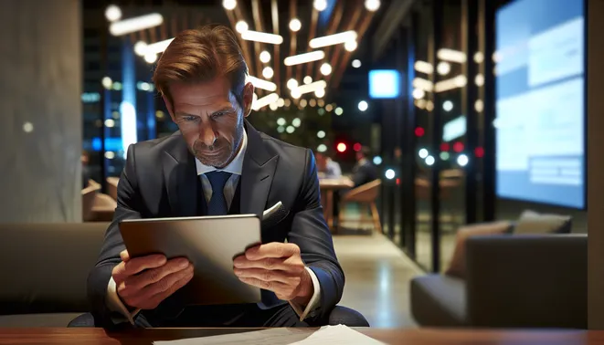 Real estate agent analyzing customer data on tablet with AI tools in modern Melbourne office.