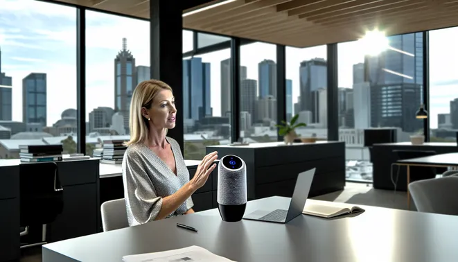 Realtor engaging with AI voice assistant in sleek Melbourne office with city views