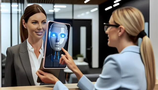 Real estate agent in Melbourne interacting with AI receptionist on tablet in modern office.