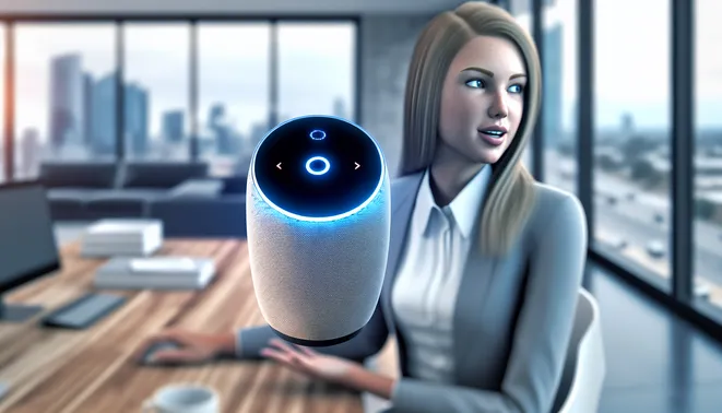 Real estate agent interacting with AI voice assistant in a modern Melbourne office setting.