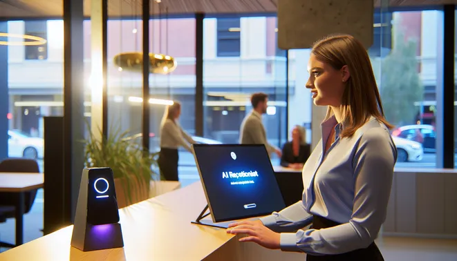 Real estate agent interacting with clients via AI receptionist in modern Melbourne office