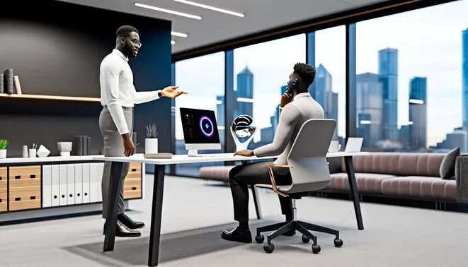 Melbourne realtor interacting with AI voice assistant in a sleek, modern office setting