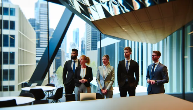 Business team analyzing CRM automation tools in modern Melbourne office with iconic architecture.