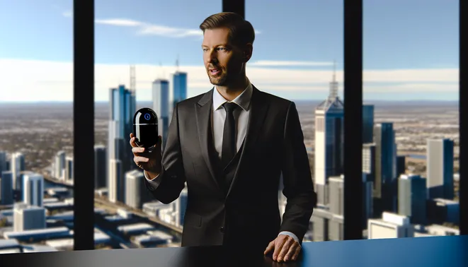 Melbourne real estate agent using AI voice technology in a modern office with skyline views.