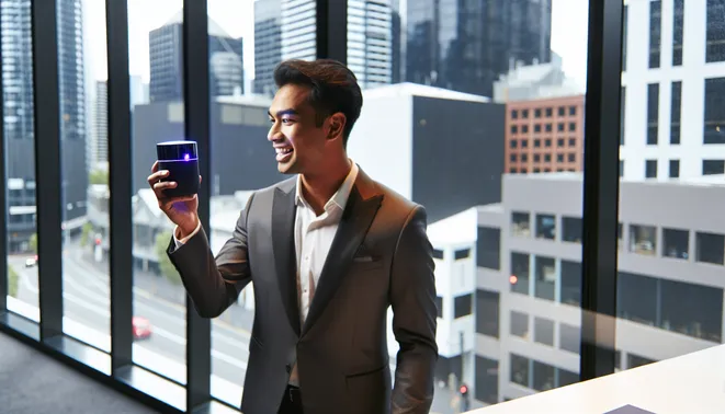 Real estate agent engaging with AI voice assistant in a modern Melbourne office setting
