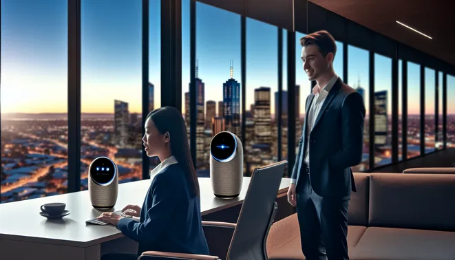 Realtor utilizing AI voice assistant in a modern Melbourne office with city skyline view.