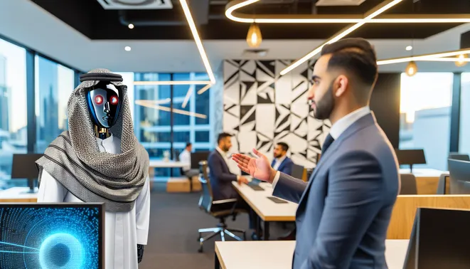 Melbourne real estate agent conversing with AI assistant in a tech-savvy office setting