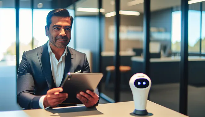 Real estate agent in modern Melbourne office interacting with AI voice assistant on tablet.