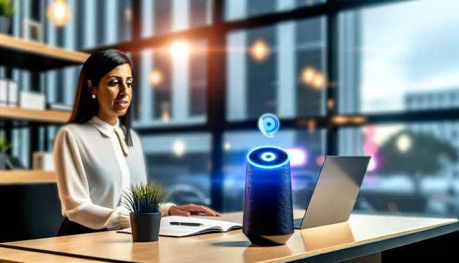 Realtor engaging with AI voice assistant in a high-tech Melbourne office space