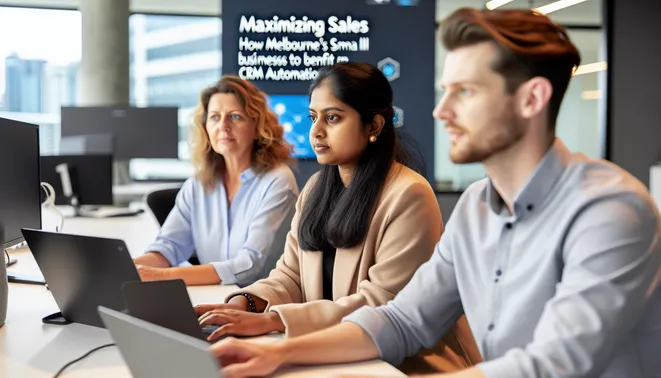 Diverse Melbourne team collaborating on CRM automation with advanced AI technology in modern office.