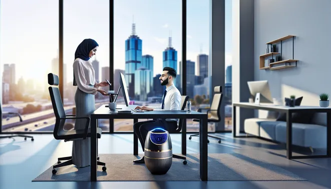 Real estate agent utilizing AI voice assistant in sleek Melbourne office with city views.