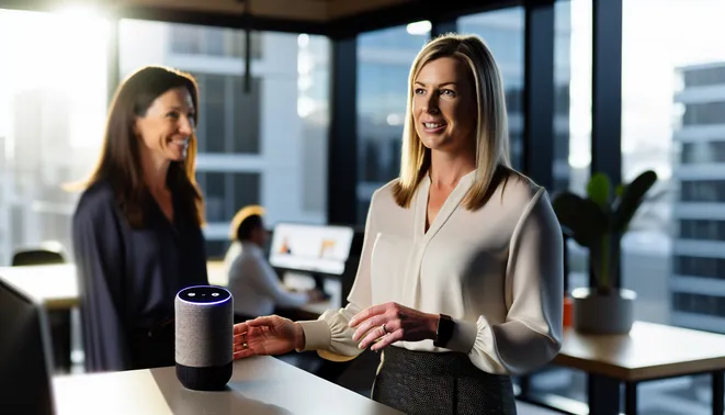 Real estate agent using AI voice assistant to engage clients in modern Melbourne office