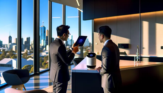 Real estate agent using AI voice assistant on tablet in modern Melbourne office with skyline view