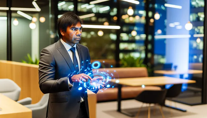Real estate agent using holographic AI tools in modern Melbourne office setting