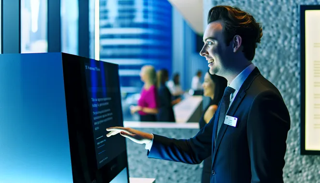 Melbourne real estate agent engaging with AI receptionist in sleek, modern office setting.