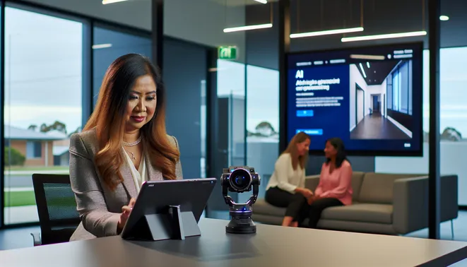 Real estate agent in Melbourne using a tablet with AI for customer engagement in a modern office