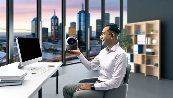 Realtor engaging with AI voice assistant in modern Melbourne office with city views.