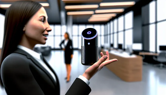 Melbourne realtor engaging with AI voice assistant in sleek, modern office space