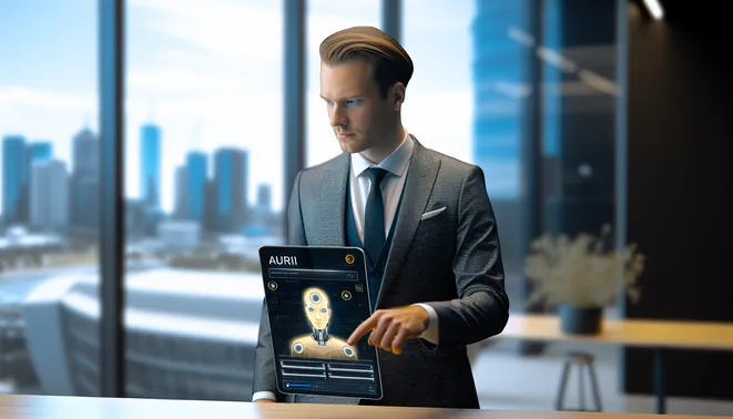 Real estate agent using AI dashboard for customer data in modern Melbourne office.
