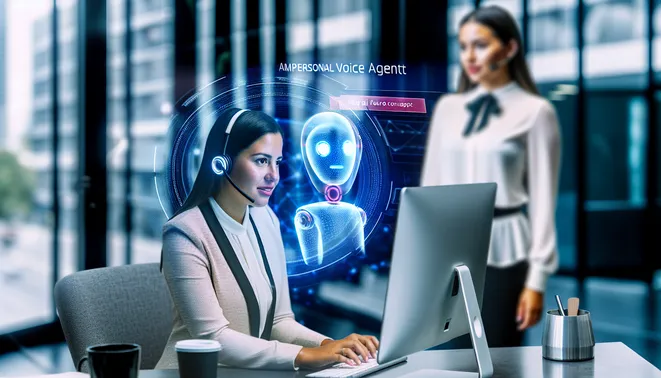 Melbourne realtor interacting with AI voice agent in a sleek, modern office space