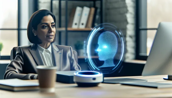 Melbourne realtor interacting with AI voice assistant in a modern, tech-savvy office.