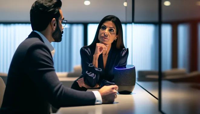 Professional real estate agent conversing with AI voice assistant in modern Melbourne office.