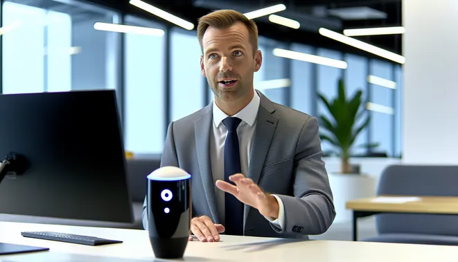 Professional realtor engaging with AI voice assistant in sleek Melbourne office.