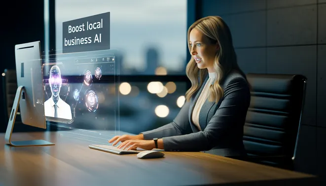Real estate agent in modern Melbourne office using advanced AI interface during virtual meeting.