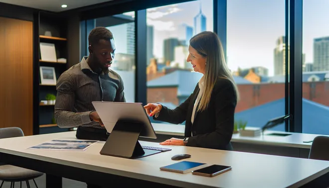 Real estate agent using touchscreen tech for client interactions in modern Melbourne office.