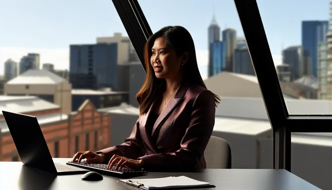 Real estate agent engaging with CRM automation tools in a modern Melbourne office.