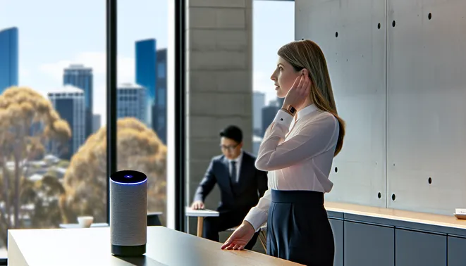 Real estate agent interacting with AI voice assistant in a modern Melbourne office