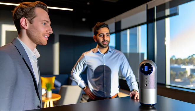 Real estate agent interacting with AI voice assistant in sleek Melbourne office.