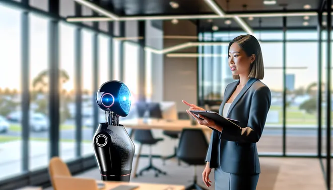 Realtor interacting with AI voice assistant in a modern Melbourne office space.