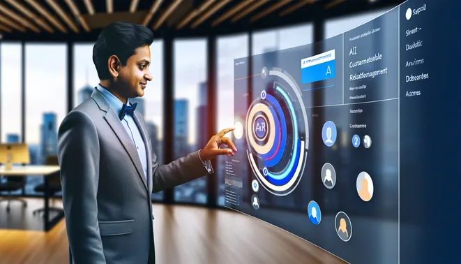 Business professional interacting with AI CRM dashboard in modern Melbourne real estate office.